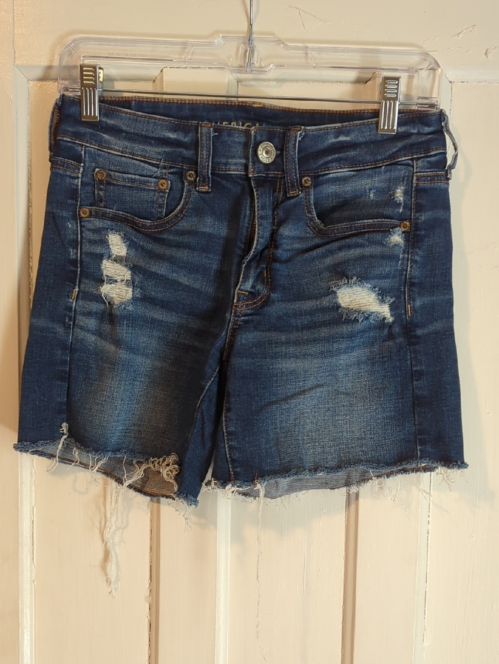 American Eagle Women's Dark Blue Distressed Denim Shorts